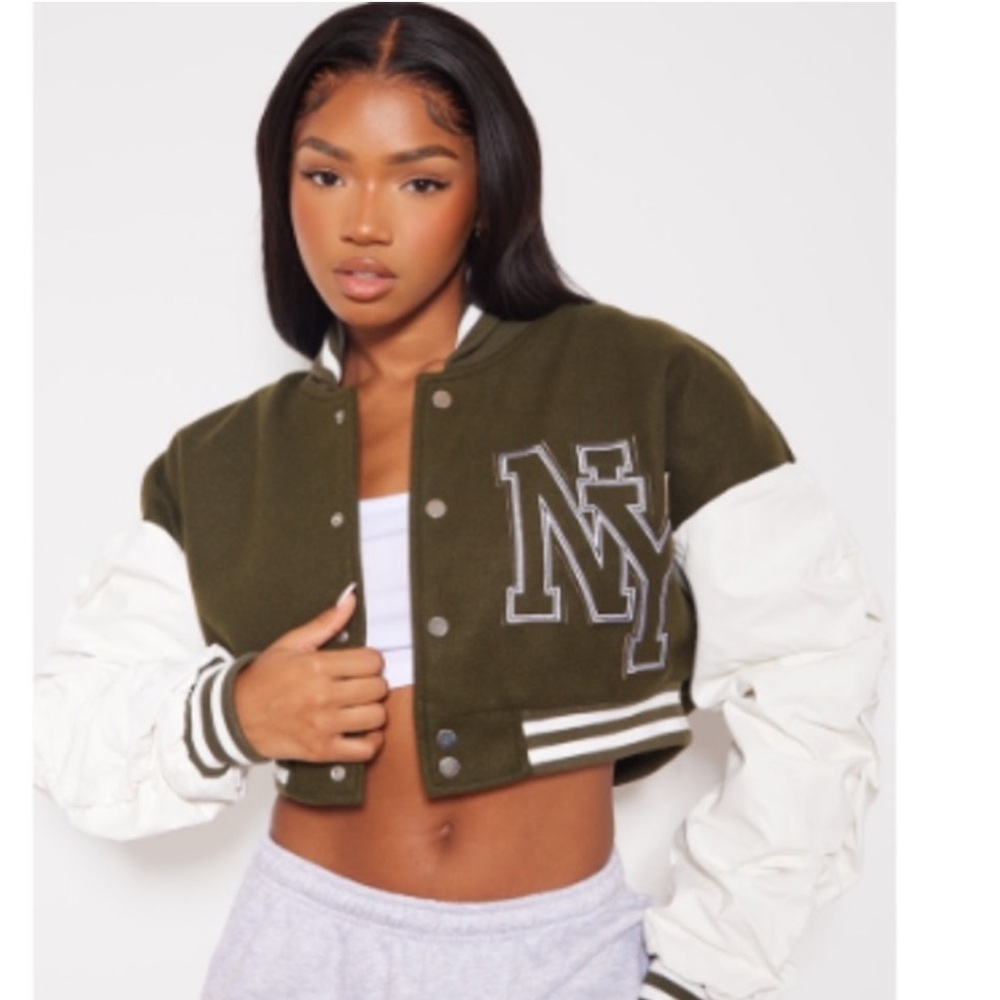 PrettyLittleThing Olive and White Cropped Varsity Jacket